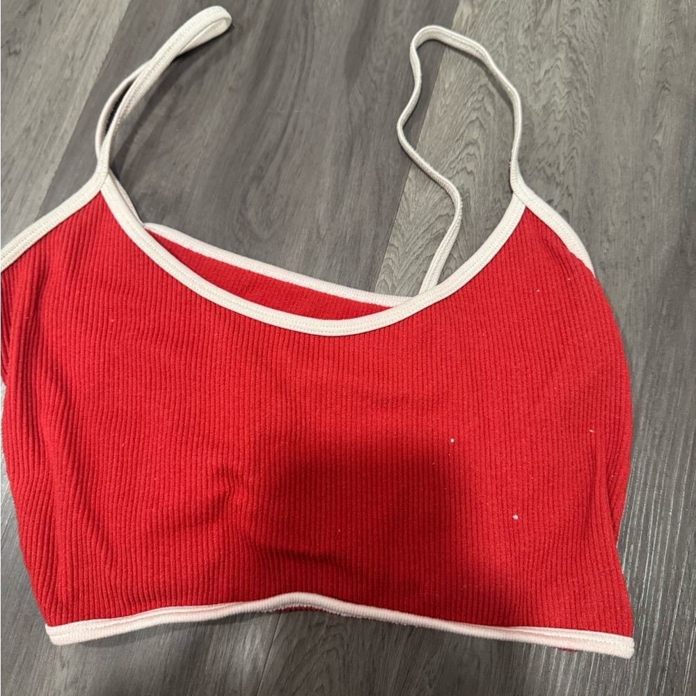 Red Ribbed Crop Top with White Trim